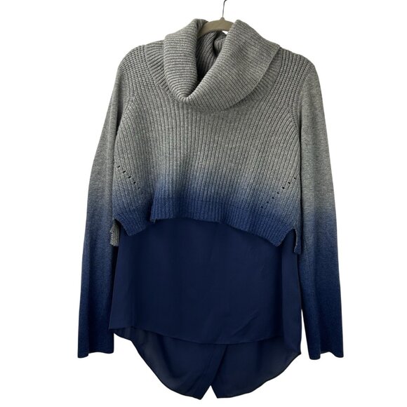 ELIE TAHARI L Sweater Popover Grey Blue Gradient Cashmere Silk Modernist Funnel - Picture 9 of 15